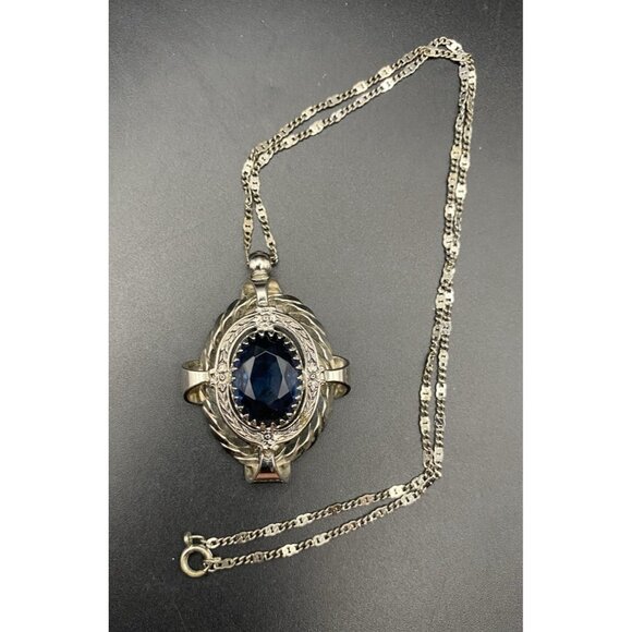 Vintage Blue Glass Pendant Necklace Faceted Silver Tone Dog Tooth Ornate Setting - Picture 2 of 9